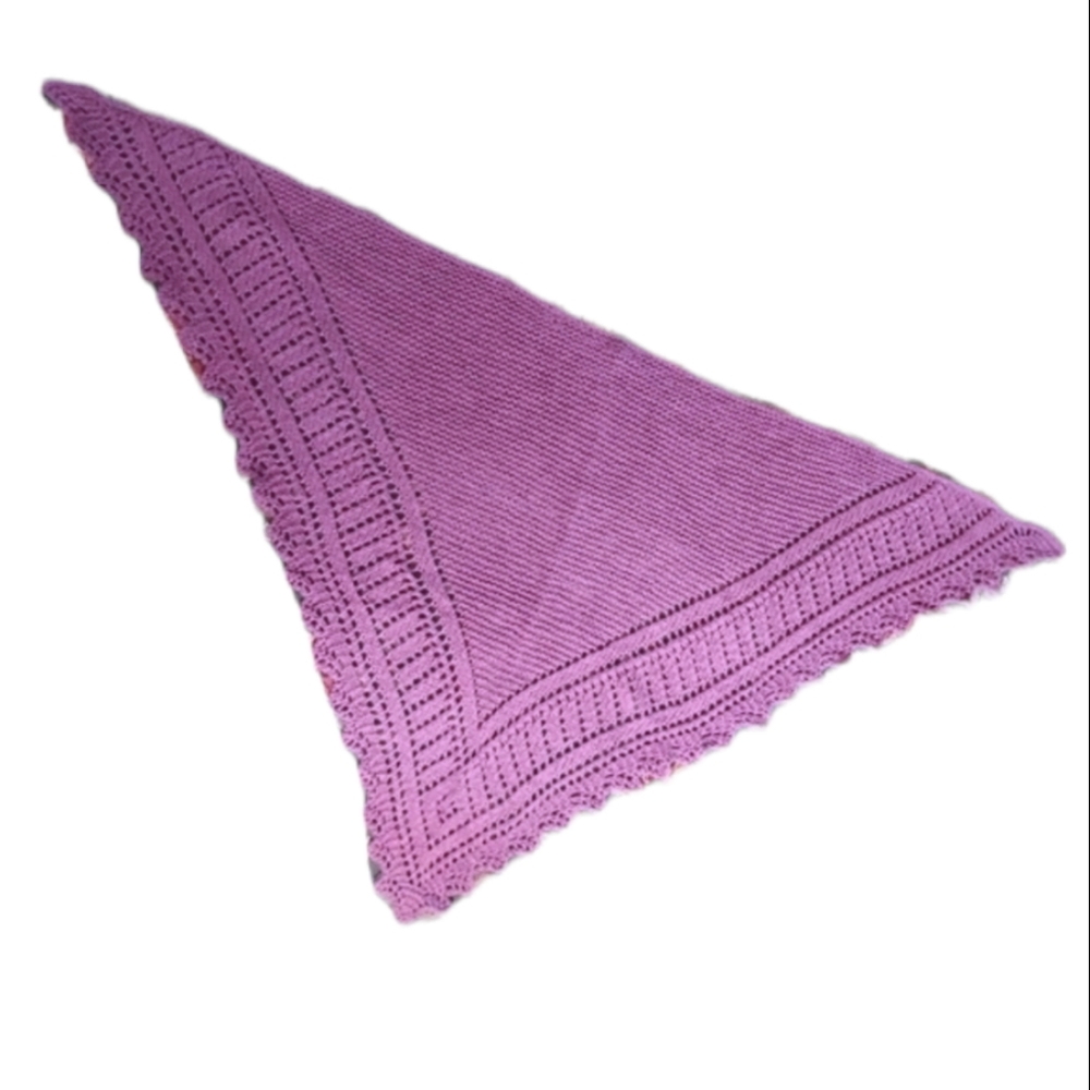 HANDMADE Shawl Washable Wool Wrap Triangle Shape Openwork Knit Ribs and Picots - Picture 4 of 6